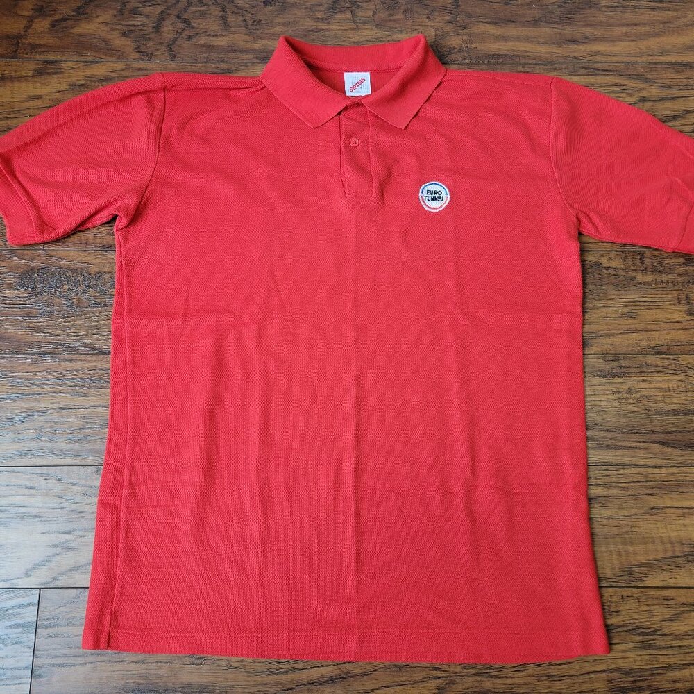 Jerzees EURO TUNNEL Patch Red Polo Short Sleeve Shirt sz XL EUC Casual Travel